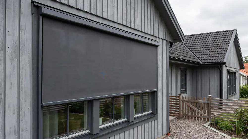 Vertikalmarkis i mörk screenväv nedfälld framför ett stort glasparti på ett modernt trähus